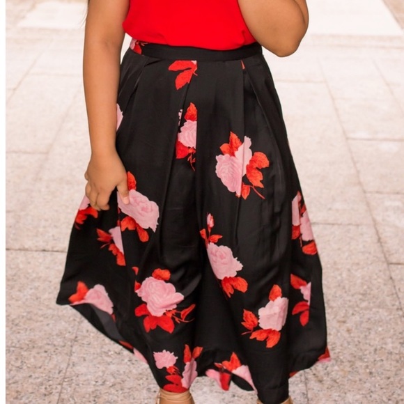 Who What Wear Black Silk Midi Skirt Red Pink Rose Floral Print Valentine - Picture 2 of 6